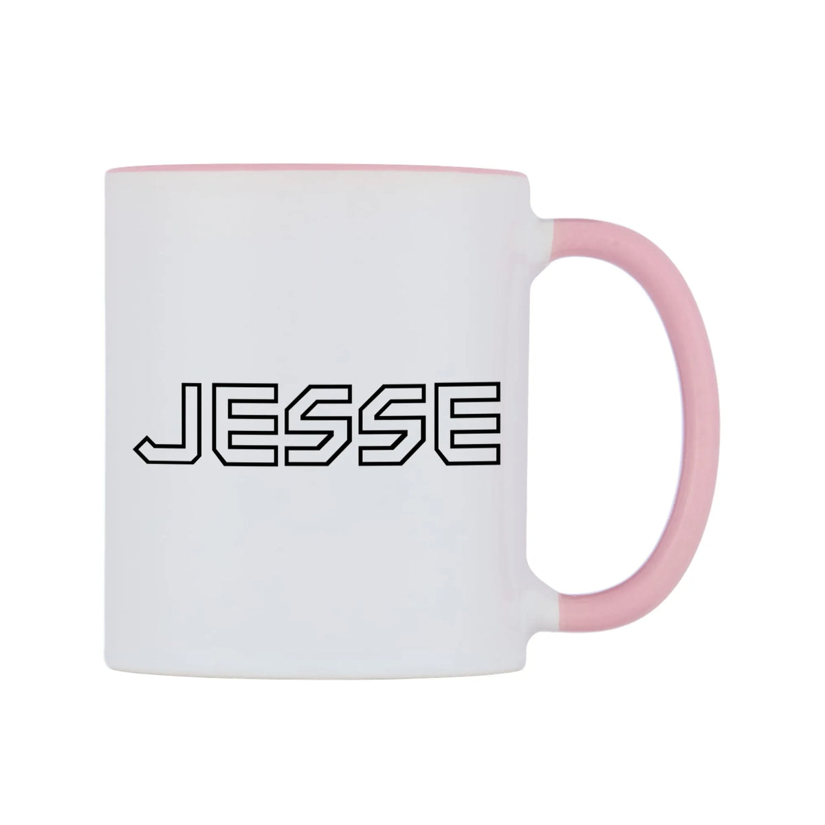 Jesse - Iron Maiden Themed Mug — white 11oz gloss mug with a pink inside and handle, left side, on a white background