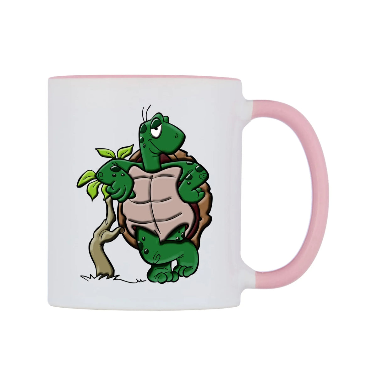 Cool Turtle Mug — white 11oz gloss mug with a pink inside and handle, left side, on a white background