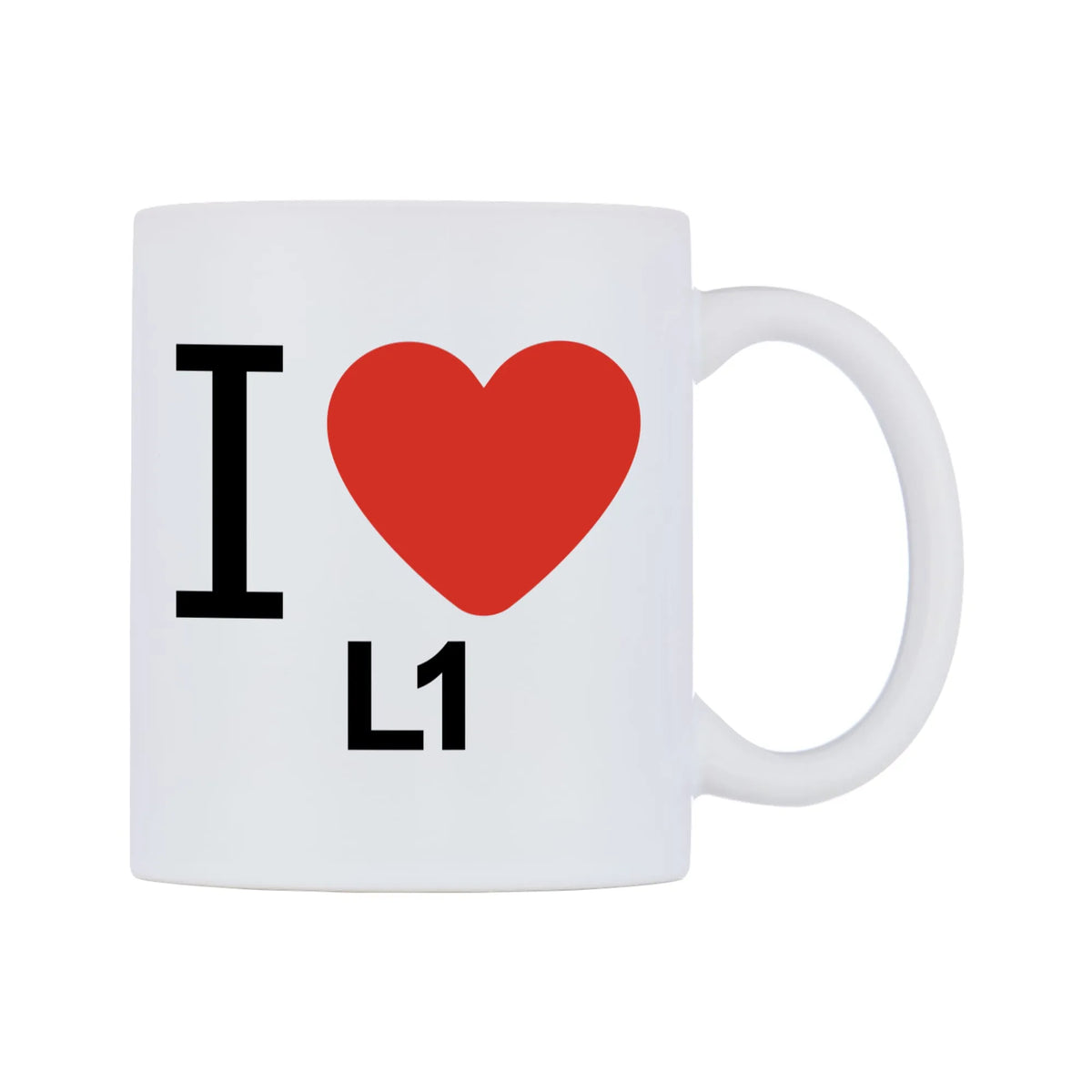I Love L1 Mug — white 11oz gloss mug, left side, on a white background