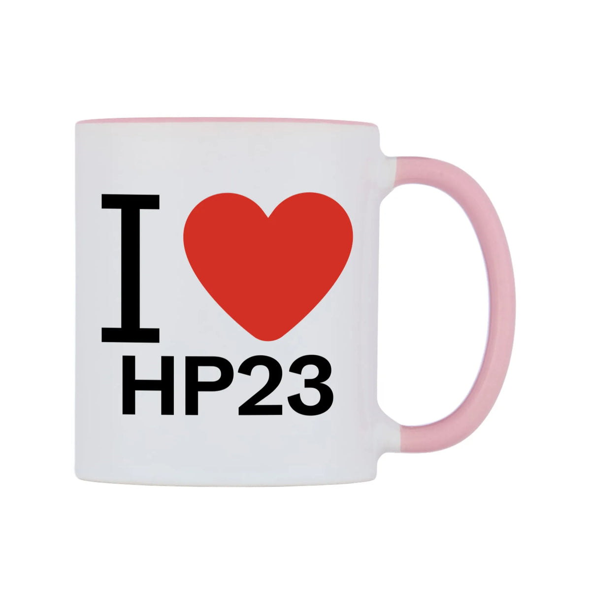 I Love HP23 Mug — white 11oz gloss mug with a pink inside and handle, left side, on a white background