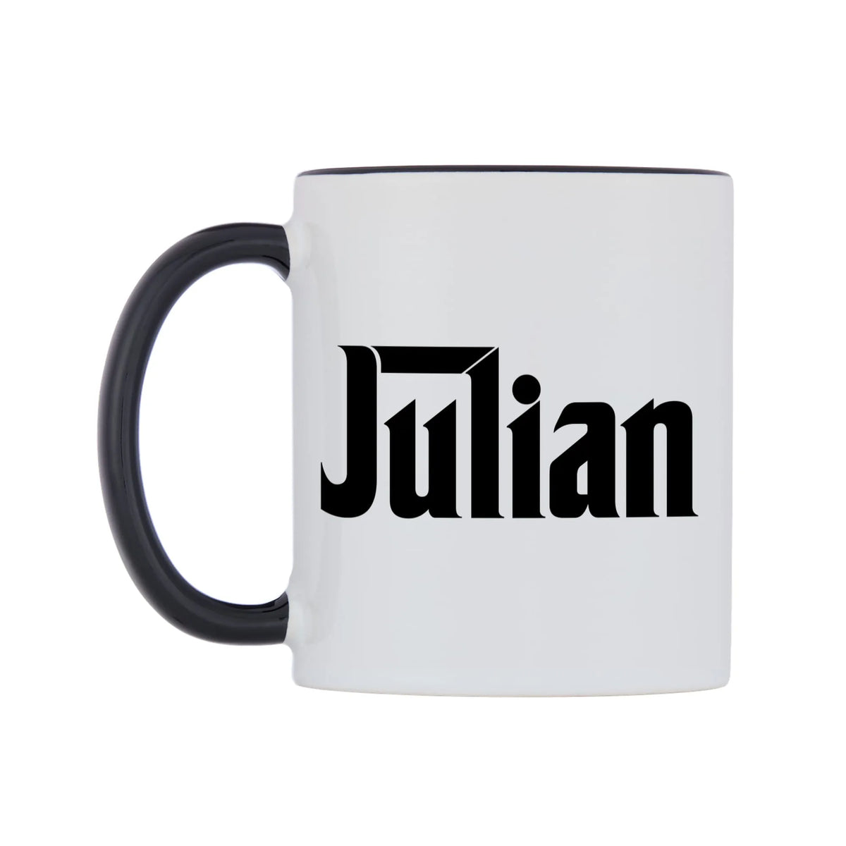 Julian - Godfather Themed Mug — white 11oz gloss mug with a black inside and handle, right side, on a white background