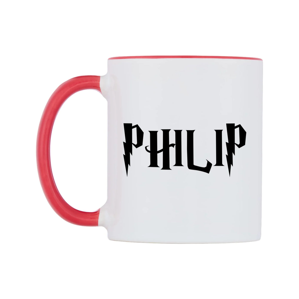 Philip - Wizard Themed Mug — white 11oz gloss mug with a red inside and handle, right side, on a white background