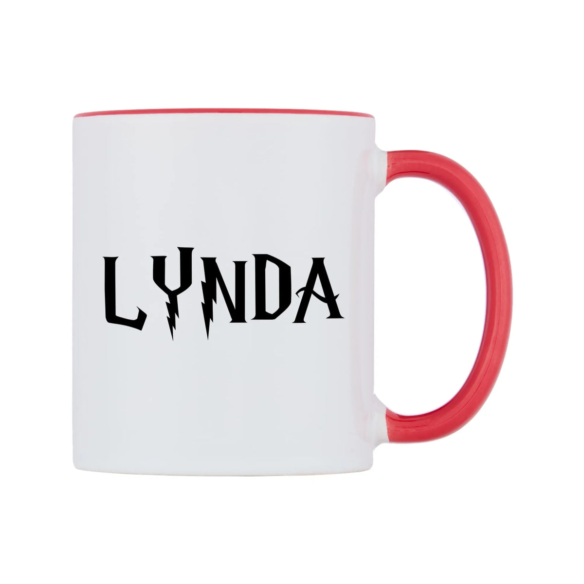 Lynda - Wizard Themed Mug — white 11oz gloss mug with a red inside and handle, left side, on a white background