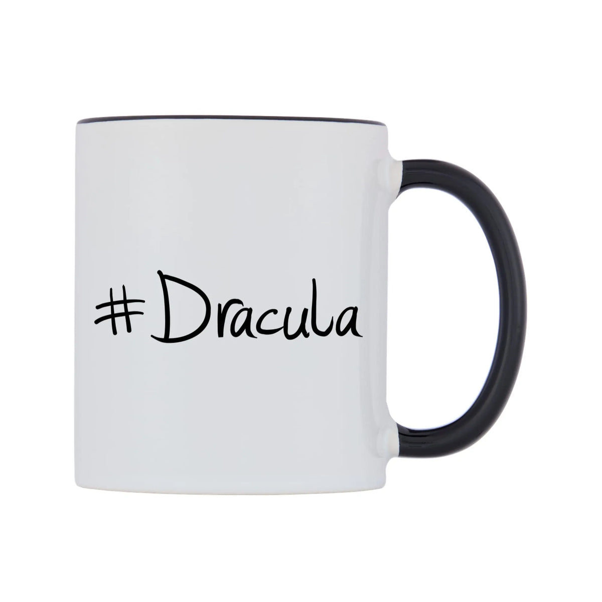 Dracula Mug — white 11oz gloss mug with a black inside and handle, left side, on a white background