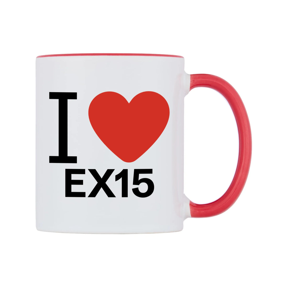 I Love EX15 Mug — white 11oz gloss mug with a red inside and handle, left side, on a white background