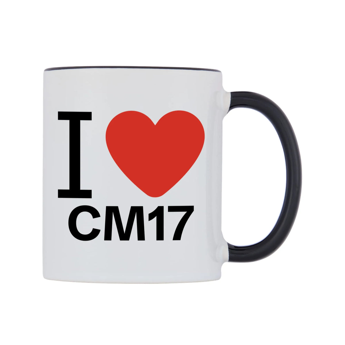 I Love CM17 Mug — white 11oz gloss mug with a black inside and handle, left side, on a white background