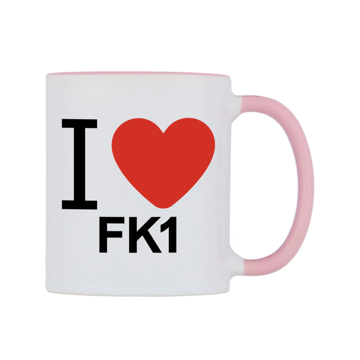 I Love FK1 Mug — white 11oz gloss mug with a pink inside and handle, left side, on a white background