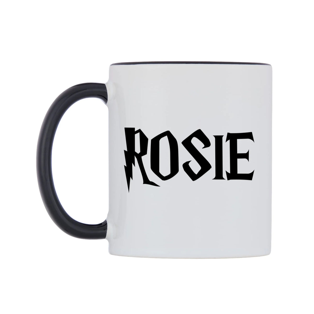 Rosie - Wizard Themed Mug — white 11oz gloss mug with a black inside and handle, right side, on a white background
