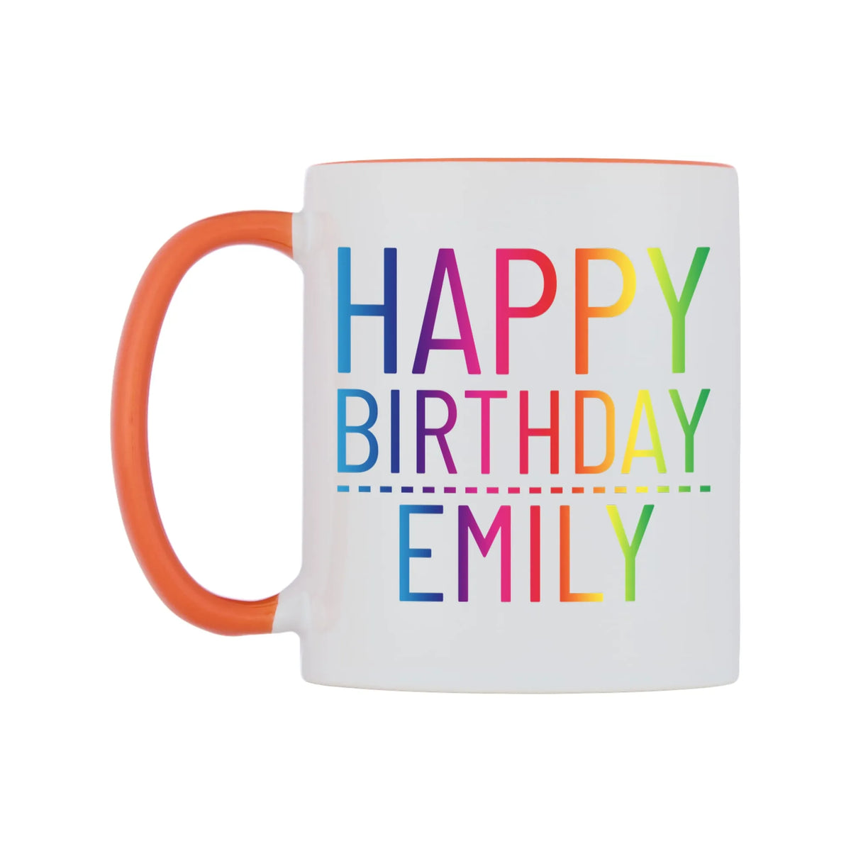 Personalised Happy Birthday (Rainbow) Mug — white 11oz gloss mug with a orange inside and handle, right side, on a white background