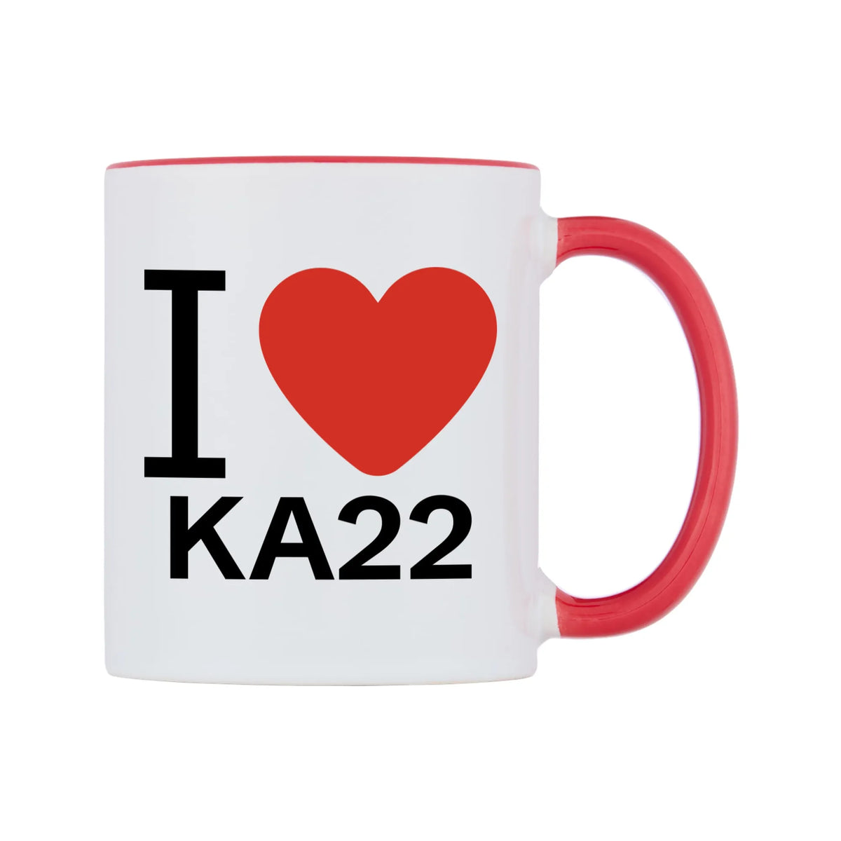 I Love KA22 Mug — white 11oz gloss mug with a red inside and handle, left side, on a white background