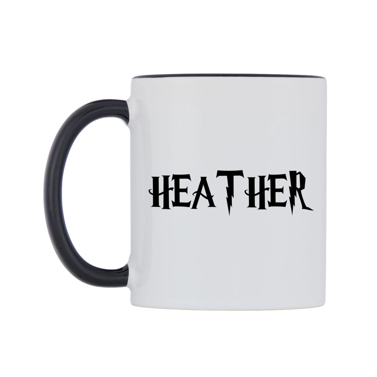 Heather - Wizard Themed Mug — white 11oz gloss mug with a black inside and handle, right side, on a white background