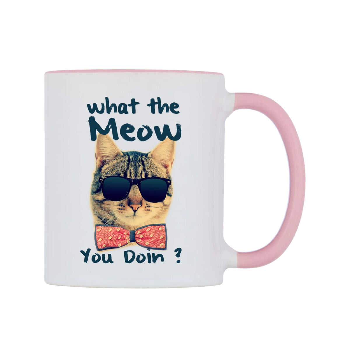 What the Meow You Doin? Mug — white 11oz gloss mug with a pink inside and handle, left side, on a white background
