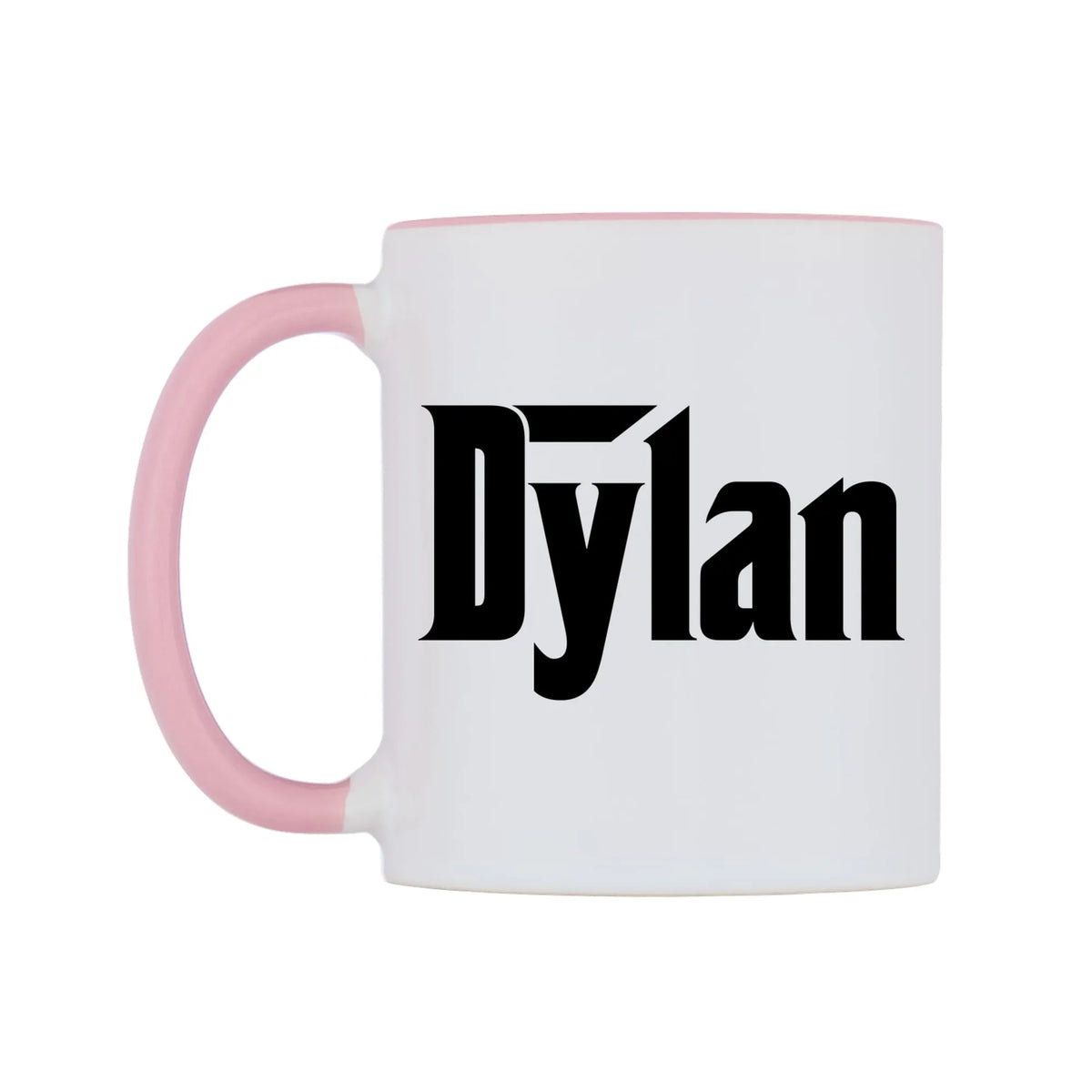 Dylan - Godfather Themed Mug — white 11oz gloss mug with a pink inside and handle, right side, on a white background