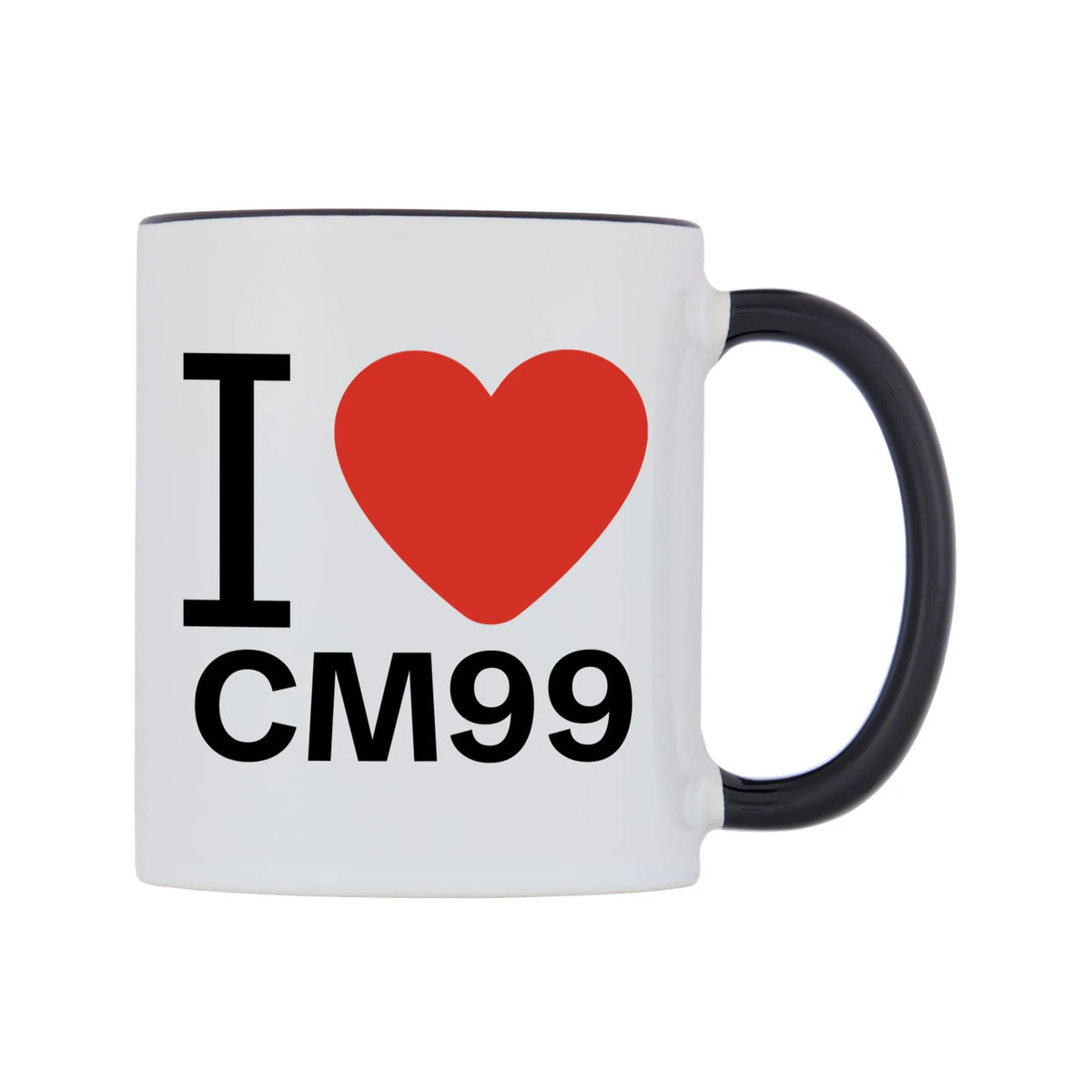 I Love CM99 Mug — white 11oz gloss mug with a black inside and handle, left side, on a white background