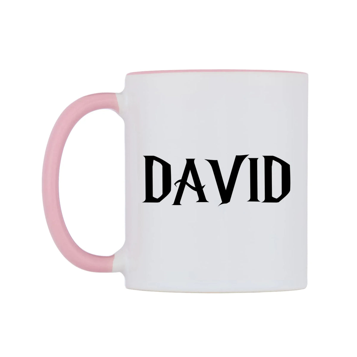 David - Wizard Themed Mug — white 11oz gloss mug with a pink inside and handle, right side, on a white background