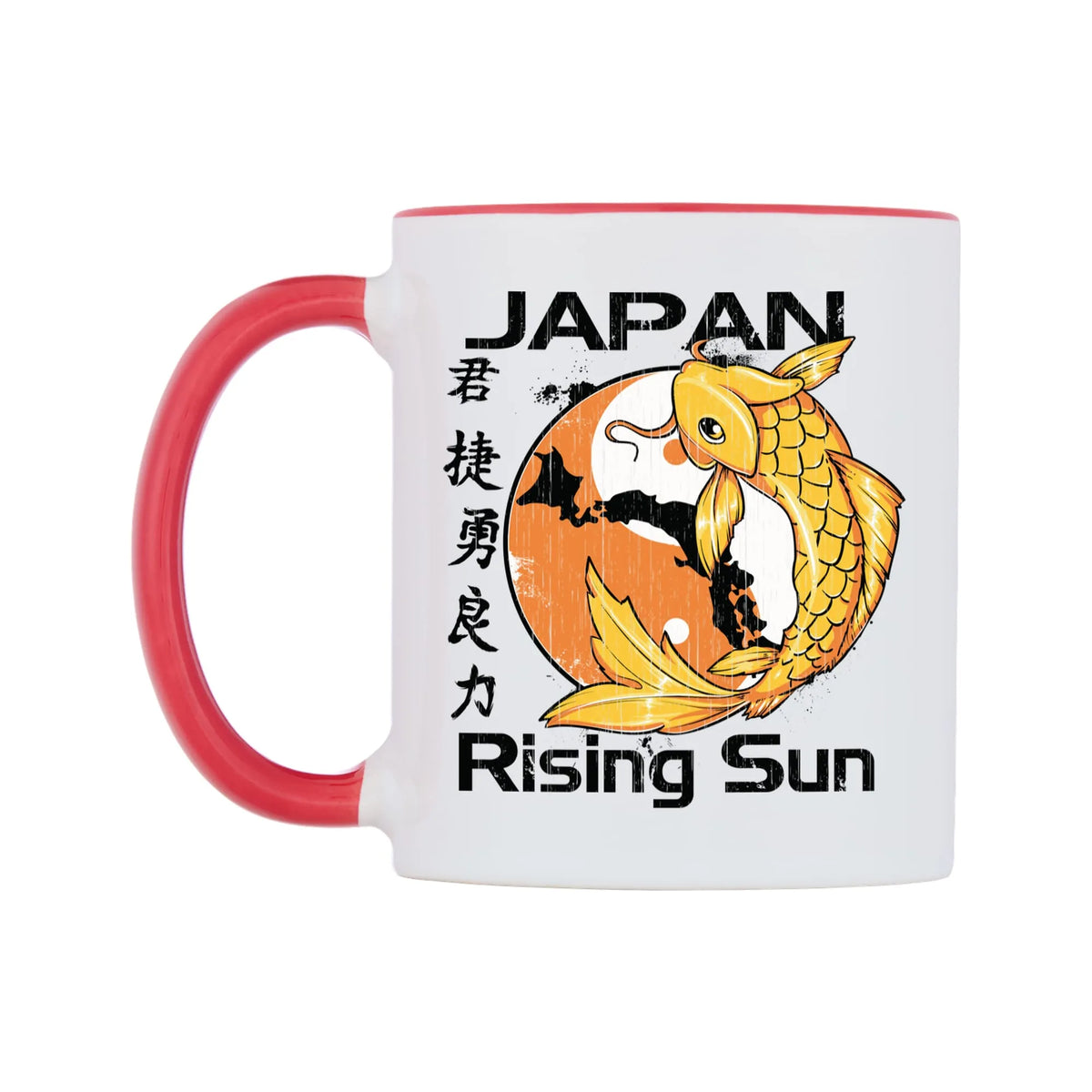 Rising Sun Mug — white 11oz gloss mug with a red inside and handle, right side, on a white background
