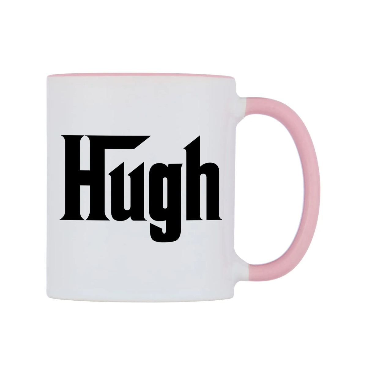 Hugh - Godfather Themed Mug — white 11oz gloss mug with a pink inside and handle, left side, on a white background