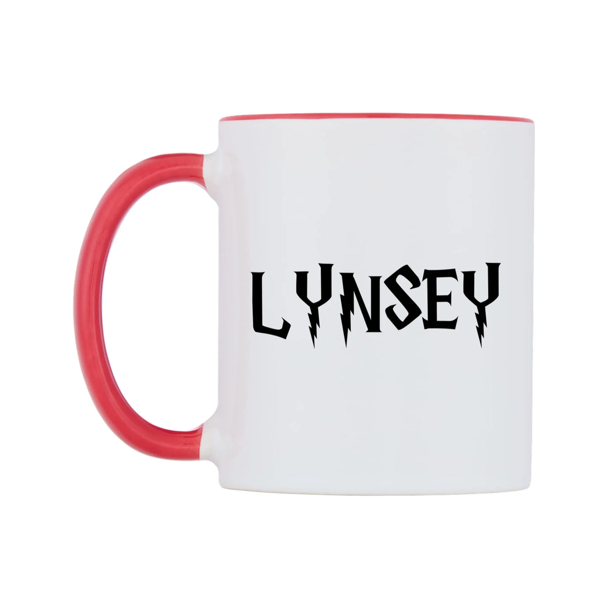 Lynsey - Wizard Themed Mug — white 11oz gloss mug with a red inside and handle, right side, on a white background