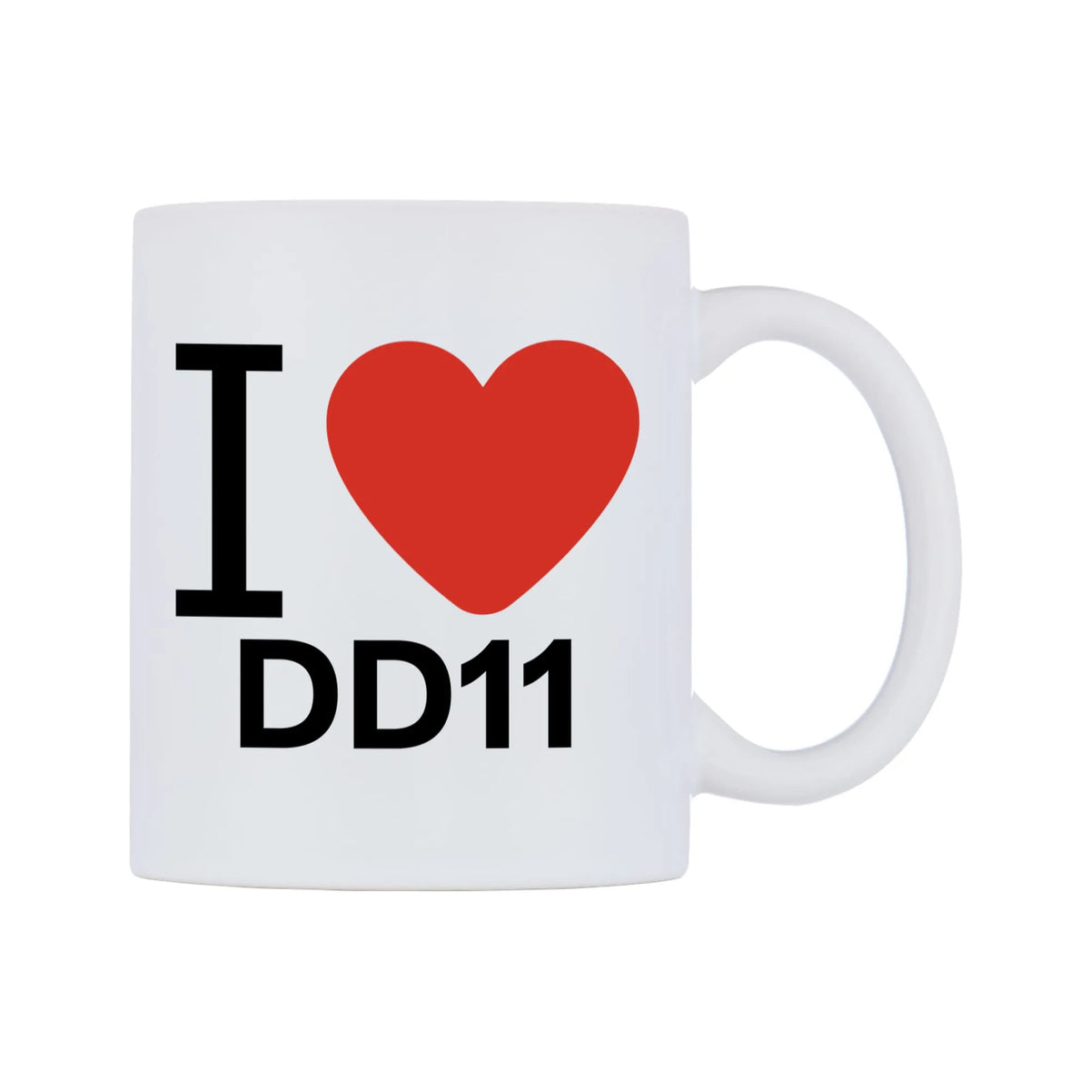 I Love DD11 Mug — white 11oz gloss mug, left side, on a white background