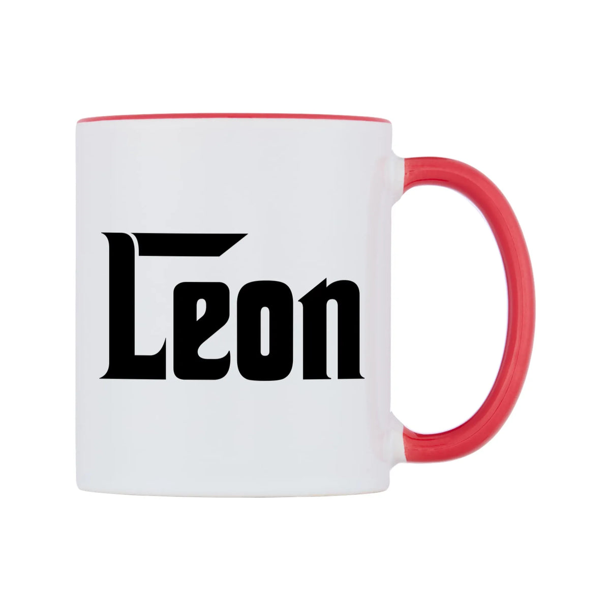 Leon - Godfather Themed Mug — white 11oz gloss mug with a red inside and handle, left side, on a white background
