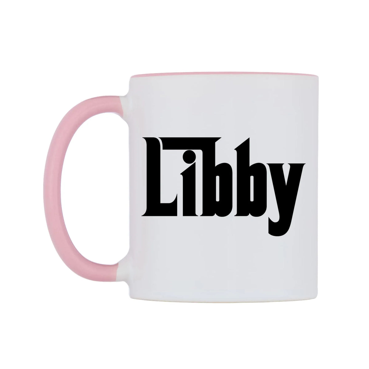 Libby - Godfather Themed Mug — white 11oz gloss mug with a pink inside and handle, right side, on a white background