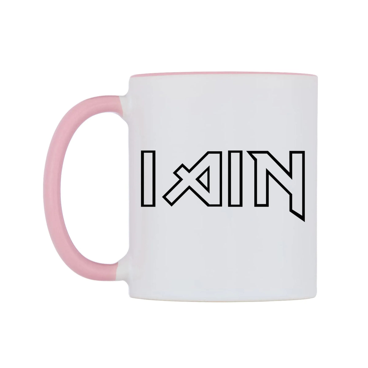 Iain - Iron Maiden Themed Mug — white 11oz gloss mug with a pink inside and handle, right side, on a white background