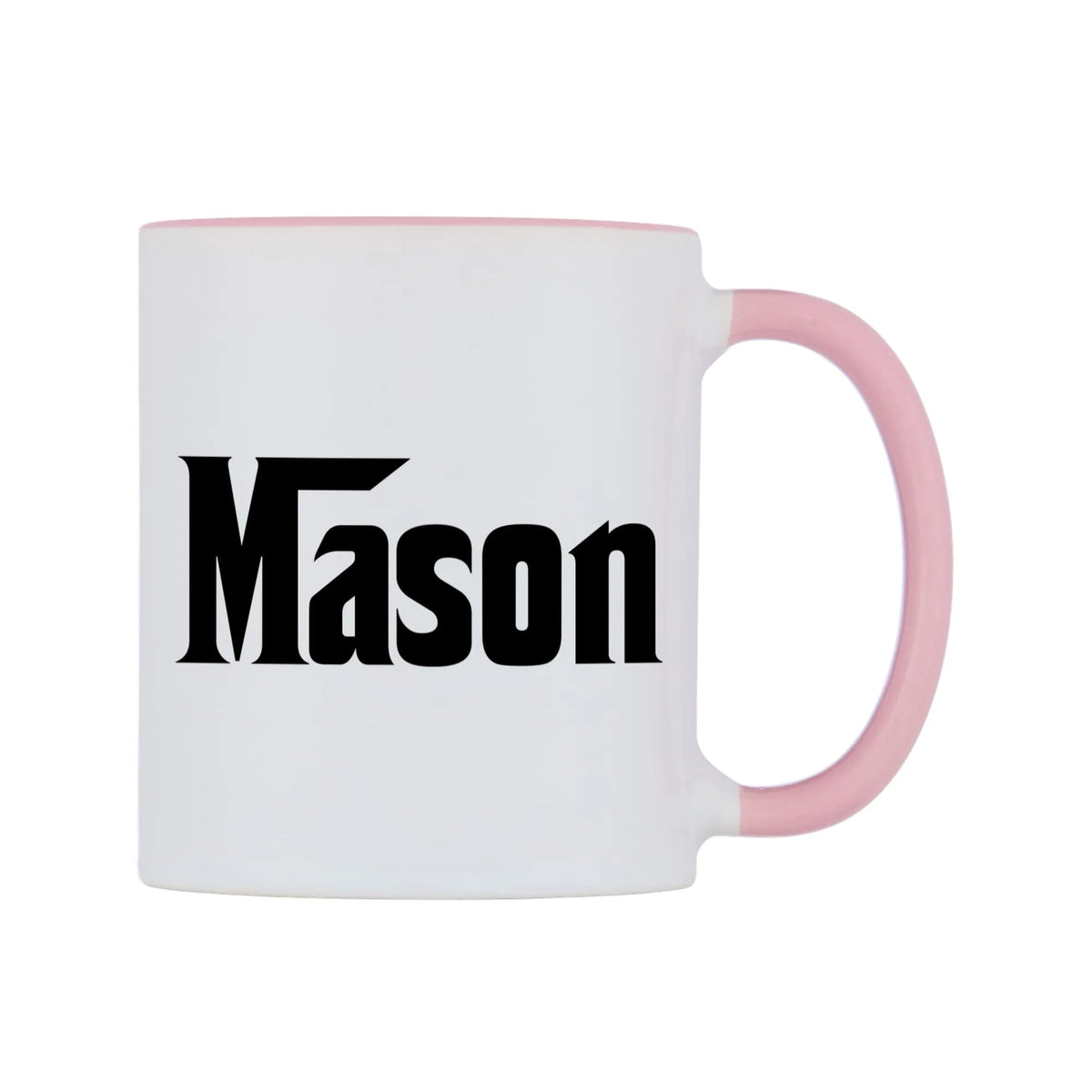 Mason - Godfather Themed Mug — white 11oz gloss mug with a pink inside and handle, left side, on a white background