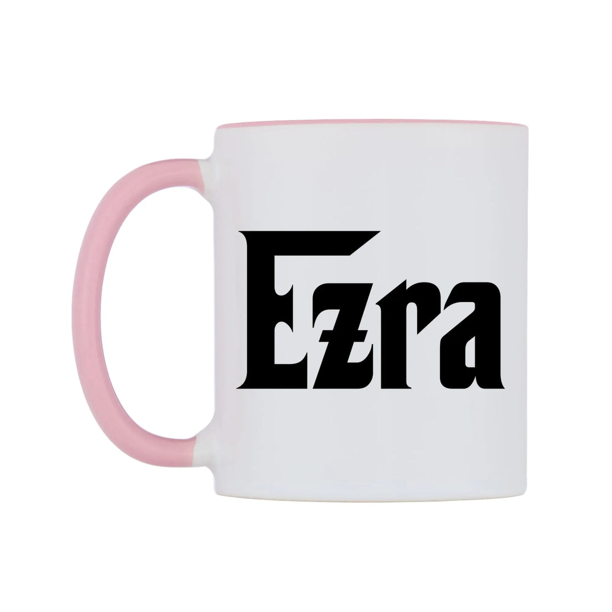 Ezra - Godfather Themed Mug — white 11oz gloss mug with a pink inside and handle, right side, on a white background