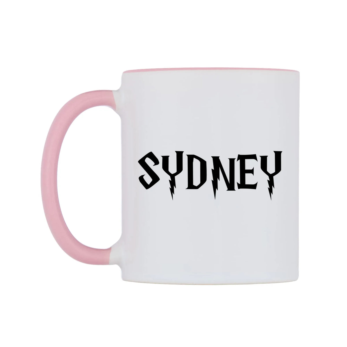Sydney - Wizard Themed Mug — white 11oz gloss mug with a pink inside and handle, right side, on a white background