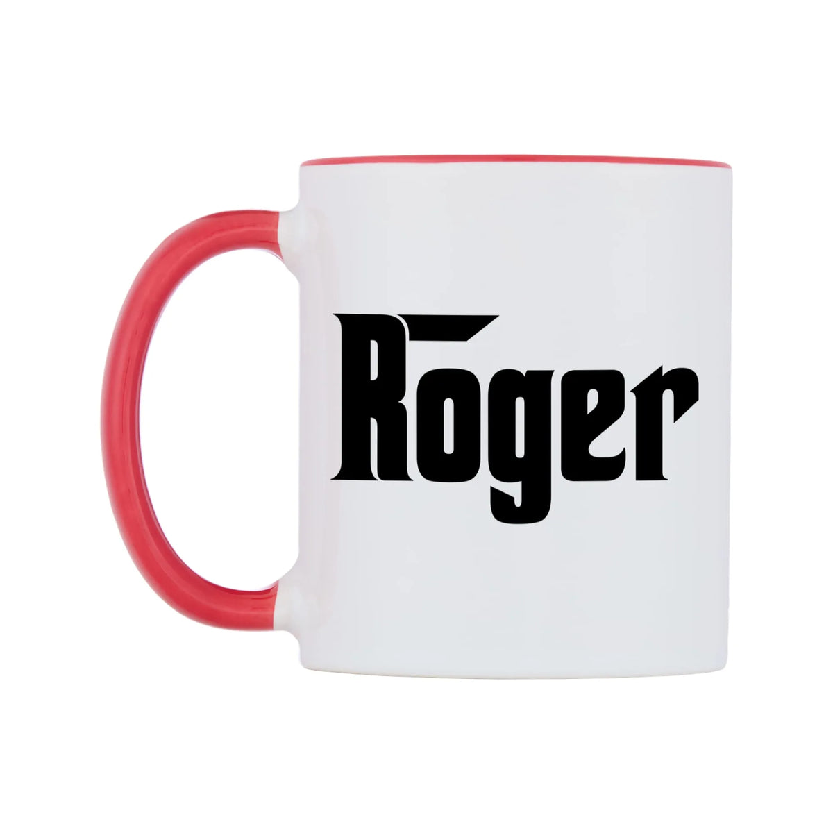 Roger - Godfather Themed Mug — white 11oz gloss mug with a red inside and handle, right side, on a white background