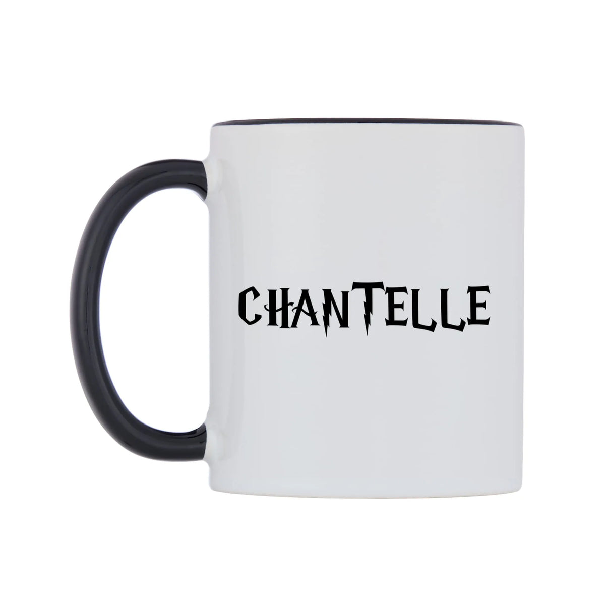 Chantelle - Wizard Themed Mug — white 11oz gloss mug with a black inside and handle, right side, on a white background
