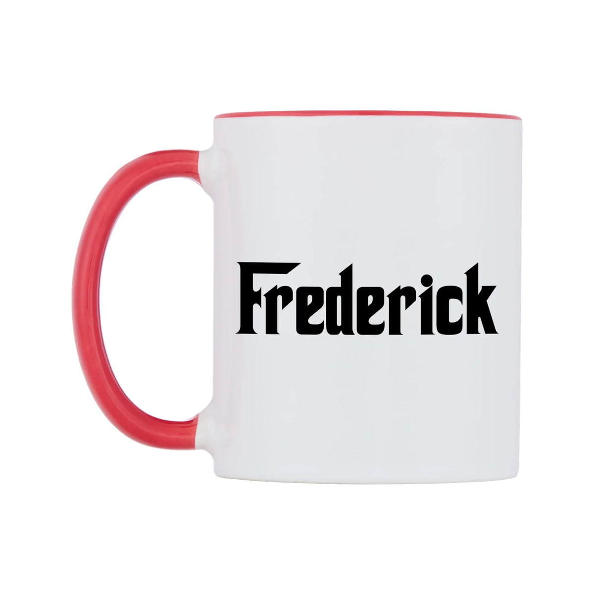 Frederick - Godfather Themed Mug — white 11oz gloss mug with a red inside and handle, right side, on a white background