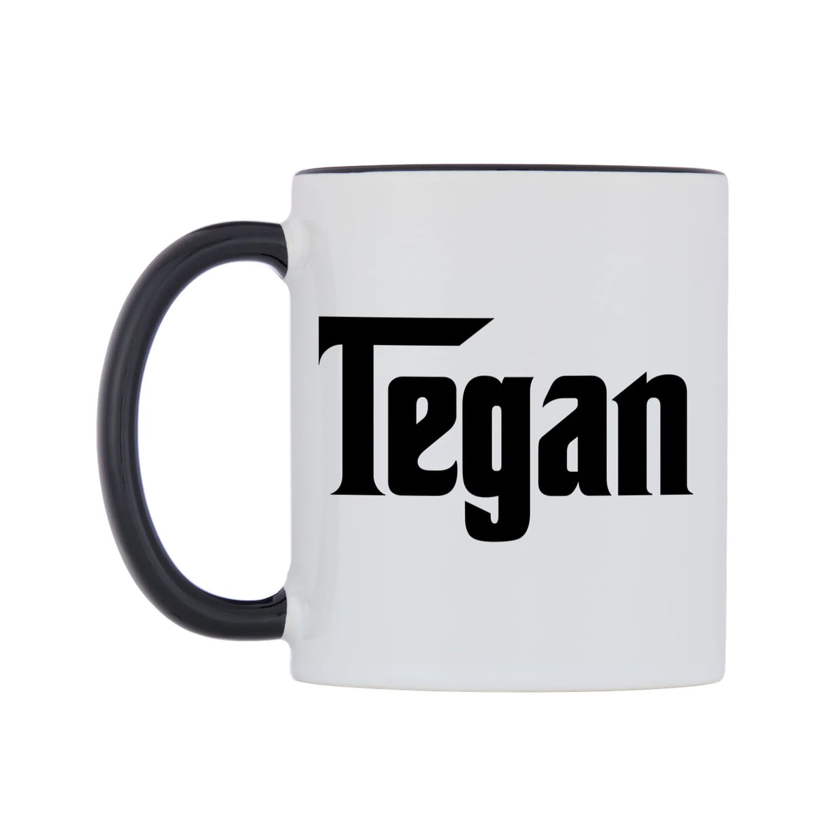 Tegan - Godfather Themed Mug — white 11oz gloss mug with a black inside and handle, right side, on a white background