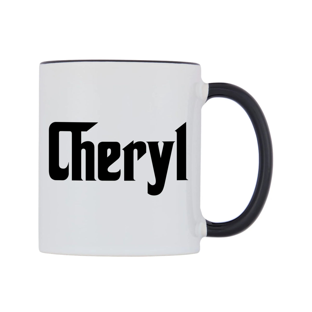 Cheryl - Godfather Themed Mug — white 11oz gloss mug with a black inside and handle, left side, on a white background