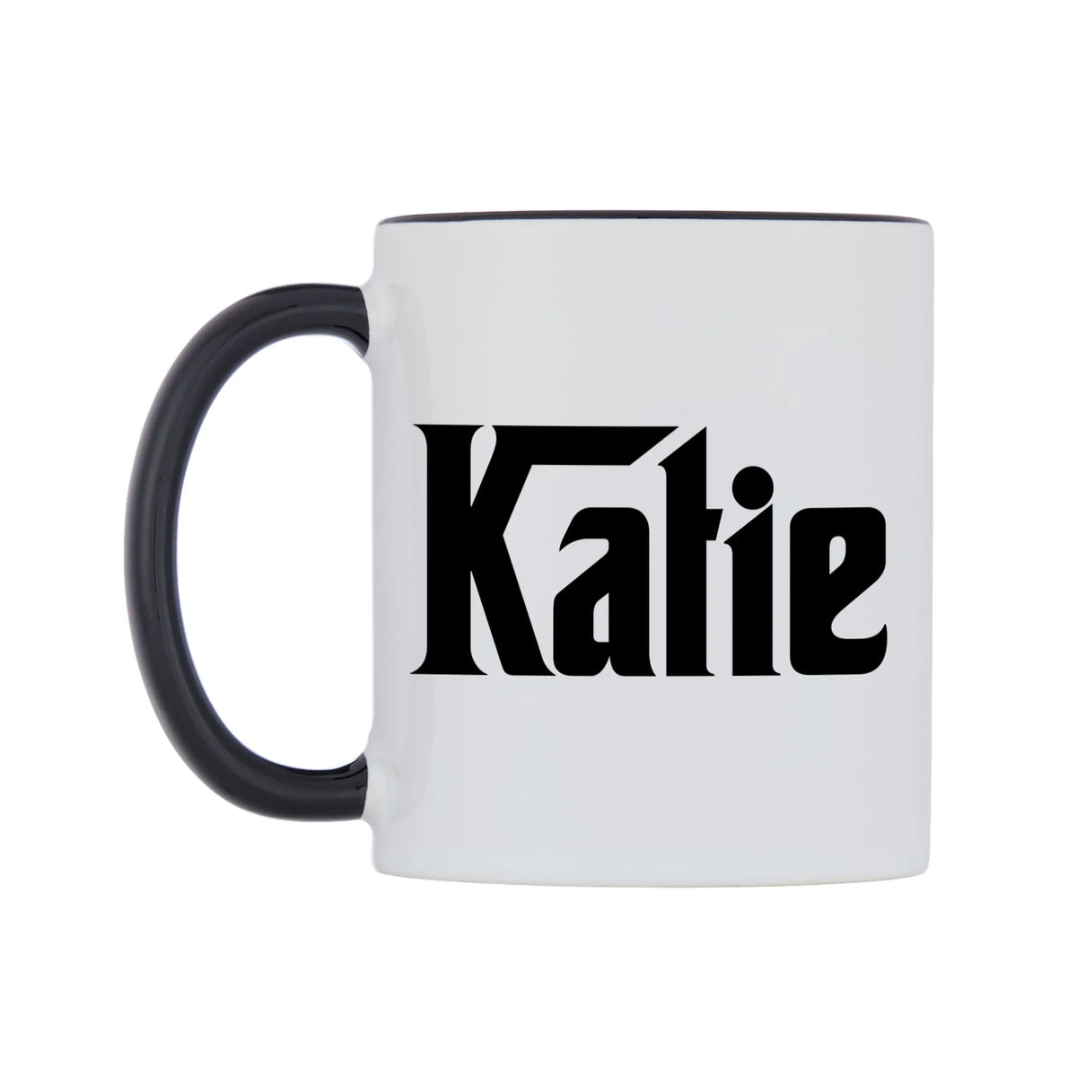 Katie - Godfather Themed Mug — white 11oz gloss mug with a black inside and handle, right side, on a white background