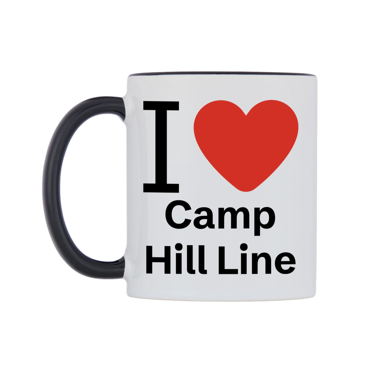 I Love Camp Hill Line Mug — white 11oz gloss mug with a black inside and handle, right side, on a white background