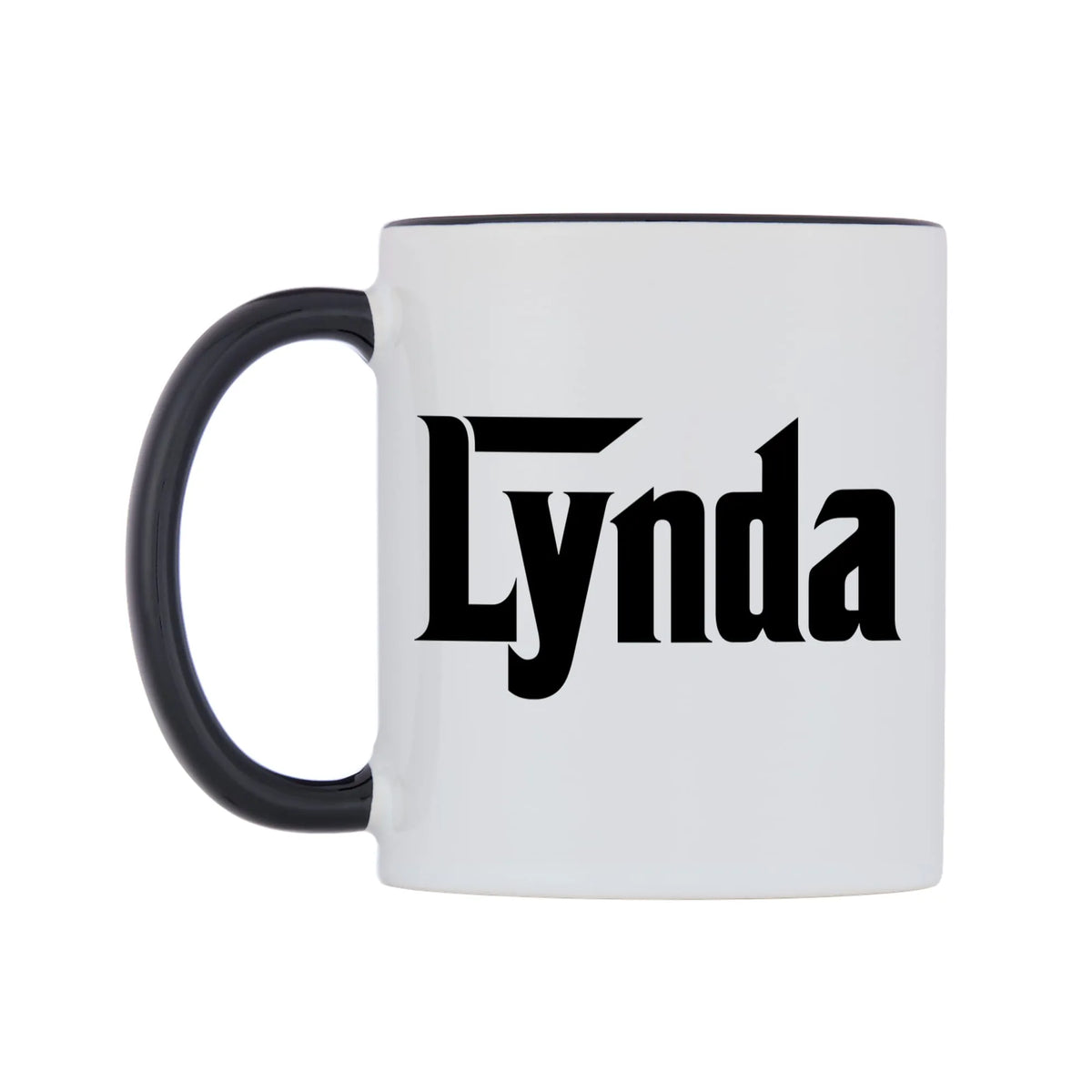 Lynda - Godfather Themed Mug — white 11oz gloss mug with a black inside and handle, right side, on a white background
