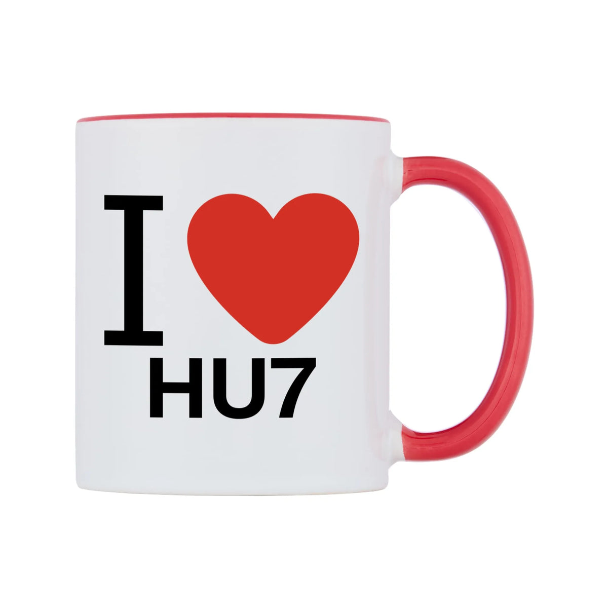 I Love HU7 Mug — white 11oz gloss mug with a red inside and handle, left side, on a white background