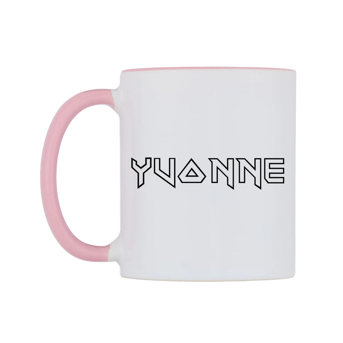 Yvonne - Iron Maiden Themed Mug — white 11oz gloss mug with a pink inside and handle, right side, on a white background