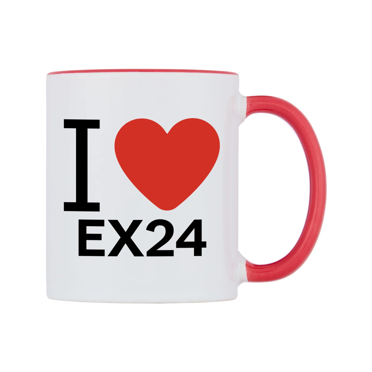 I Love EX24 Mug — white 11oz gloss mug with a red inside and handle, left side, on a white background