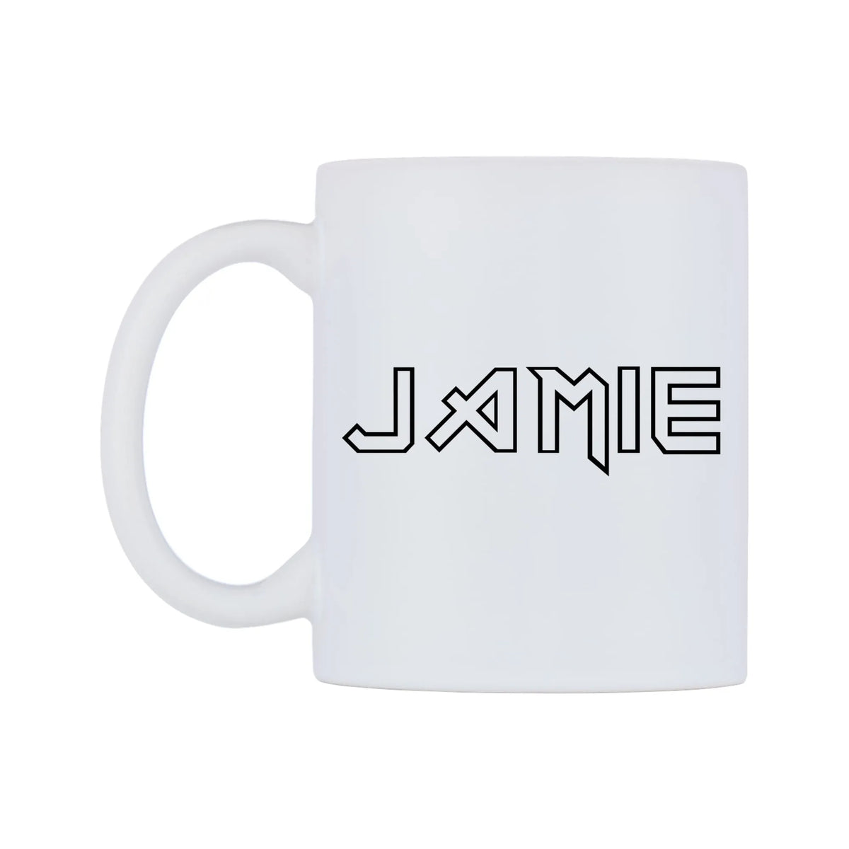 Jamie - Iron Maiden Themed Mug — white 11oz gloss mug, right side, on a white background