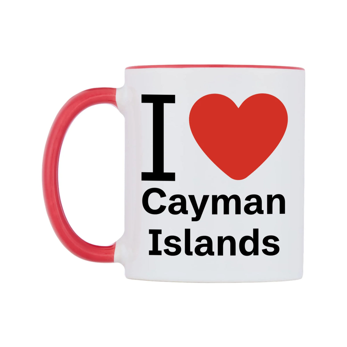 I Love Cayman Islands Mug — white 11oz gloss mug with a red inside and handle, right side, on a white background