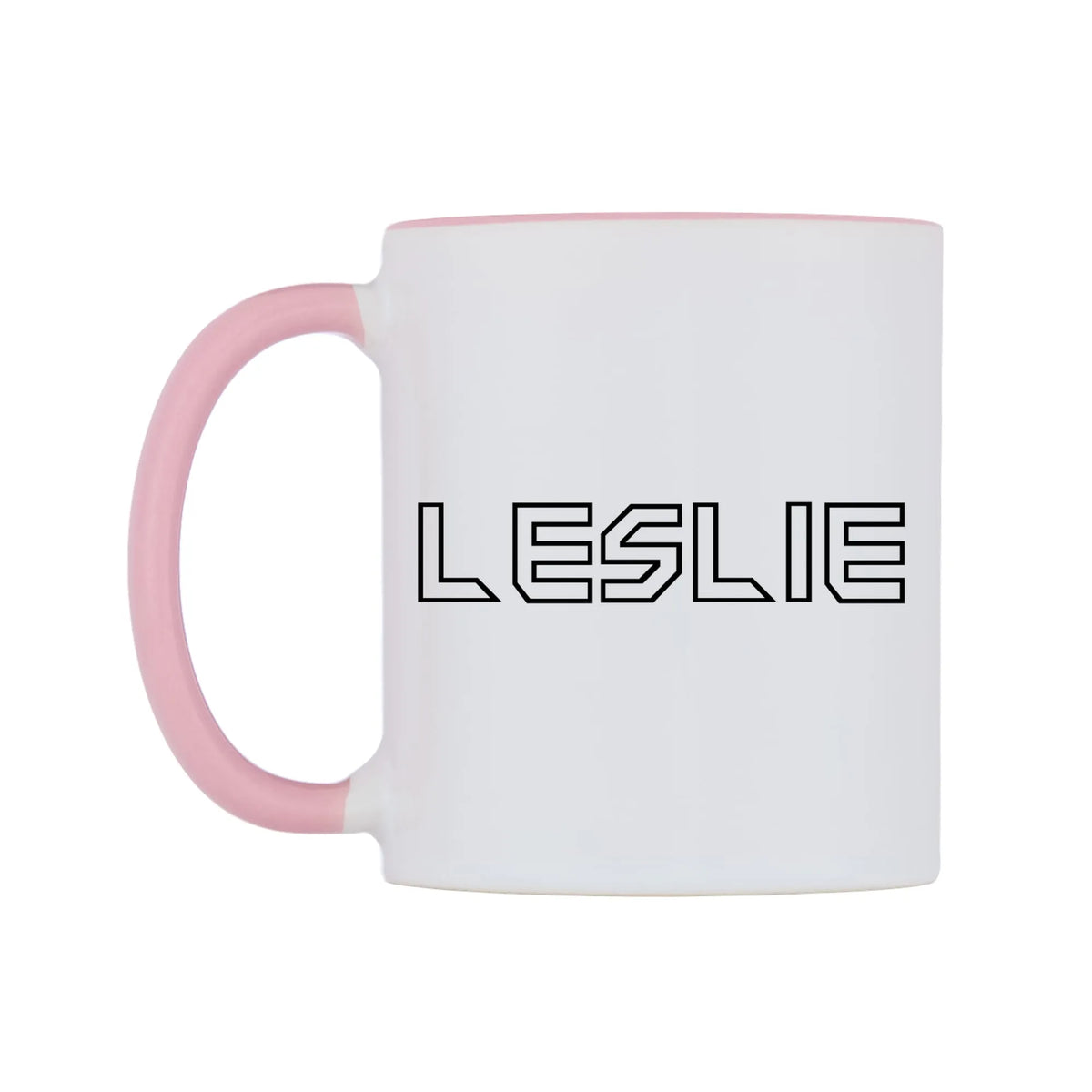Leslie - Iron Maiden Themed Mug — white 11oz gloss mug with a pink inside and handle, right side, on a white background