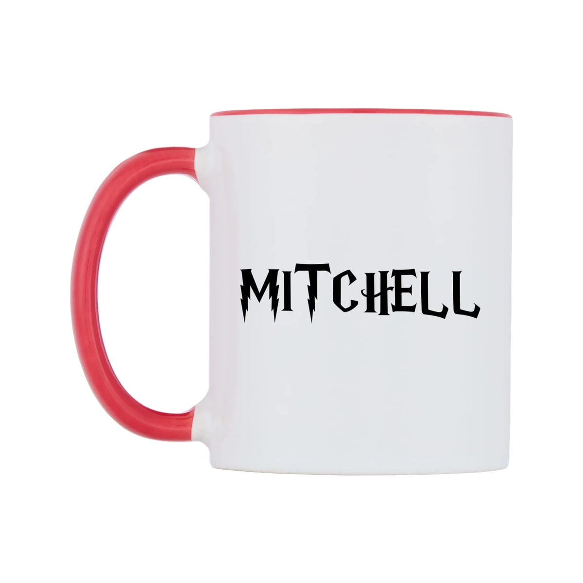 Mitchell - Wizard Themed Mug — white 11oz gloss mug with a red inside and handle, right side, on a white background