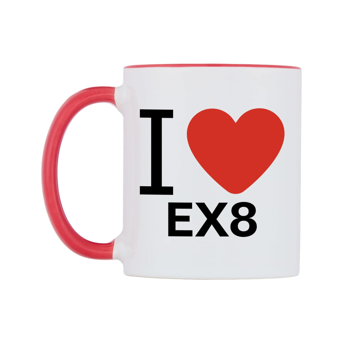 I Love EX8 Mug — white 11oz gloss mug with a red inside and handle, right side, on a white background