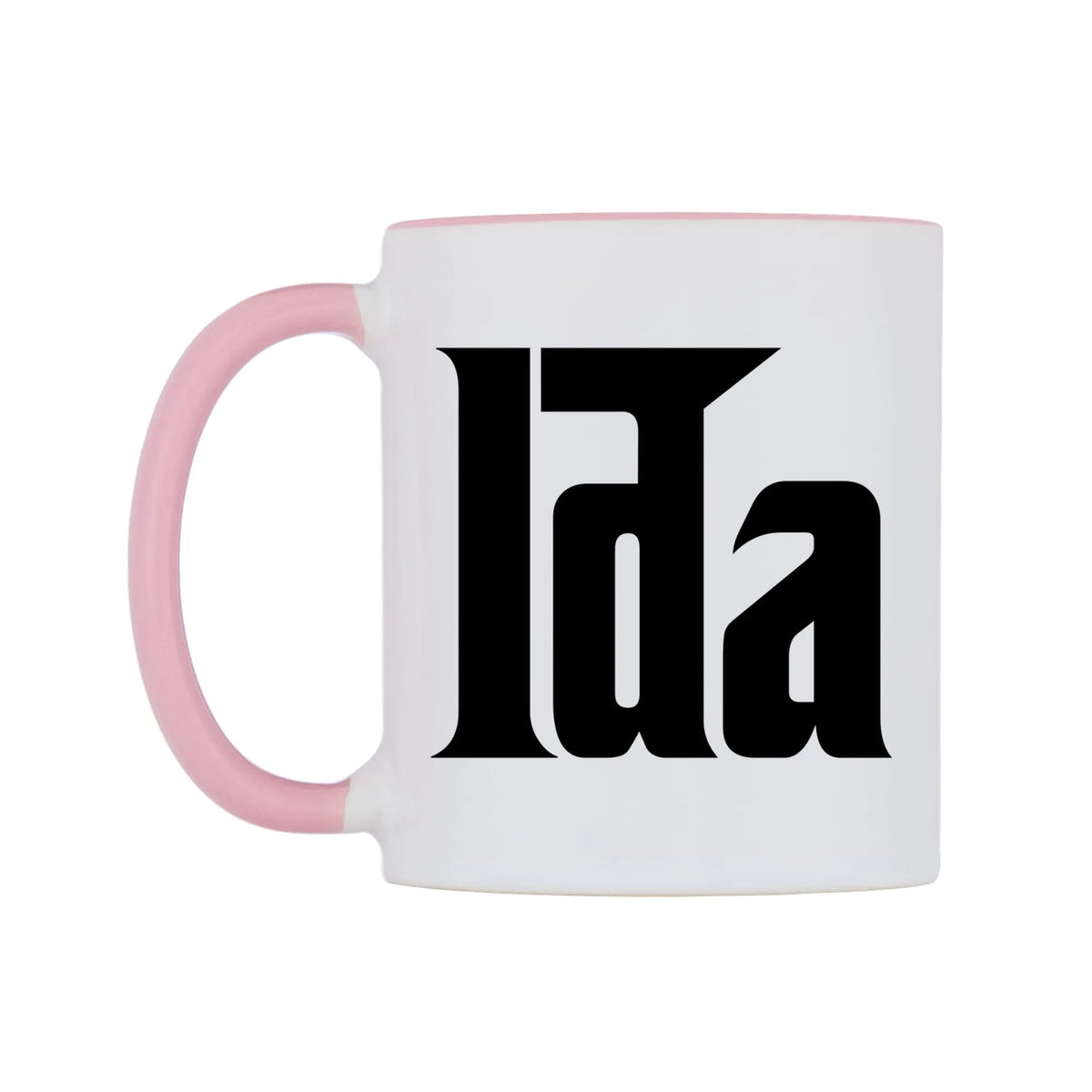 Ida - Godfather Themed Mug — white 11oz gloss mug with a pink inside and handle, right side, on a white background