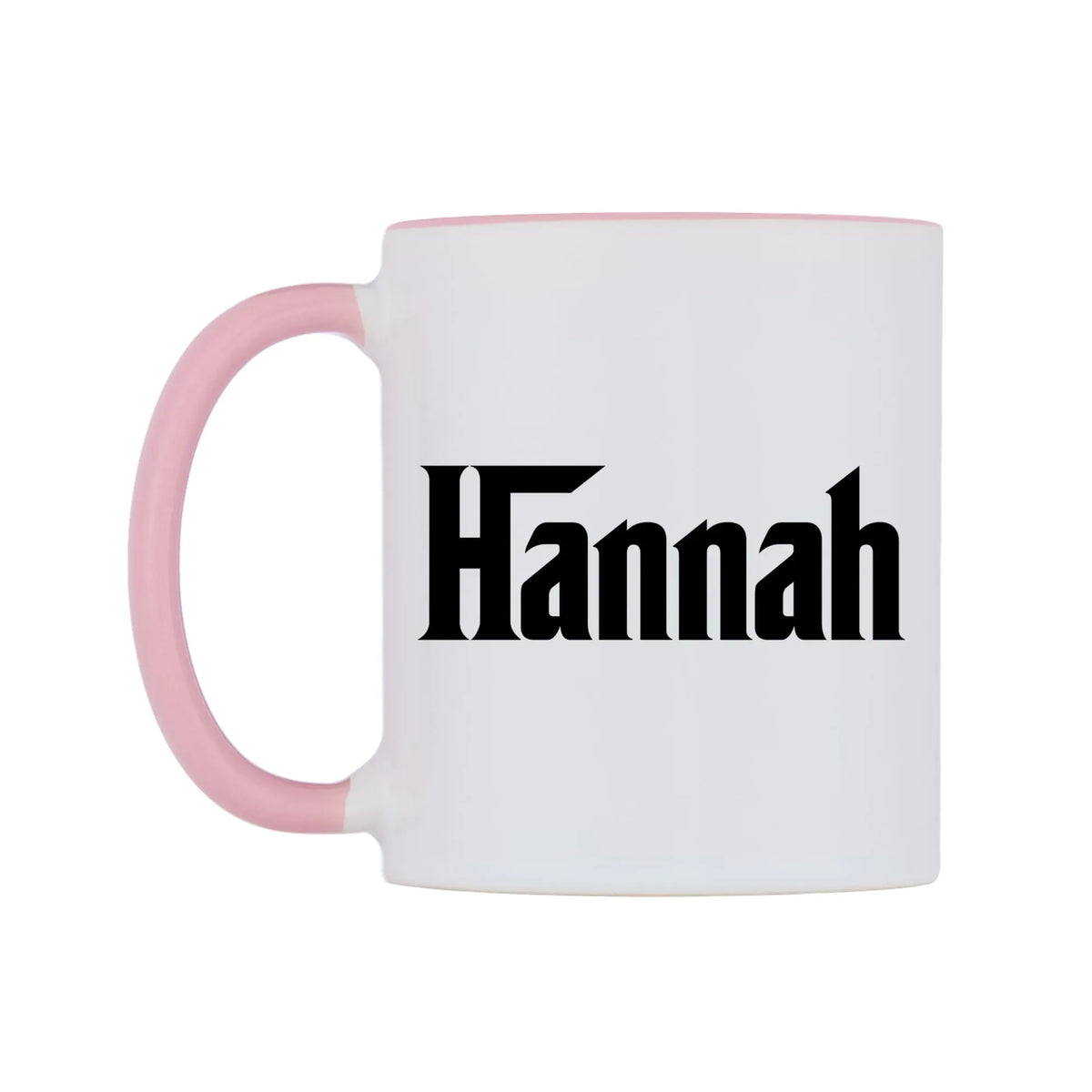 Hannah - Godfather Themed Mug — white 11oz gloss mug with a pink inside and handle, right side, on a white background