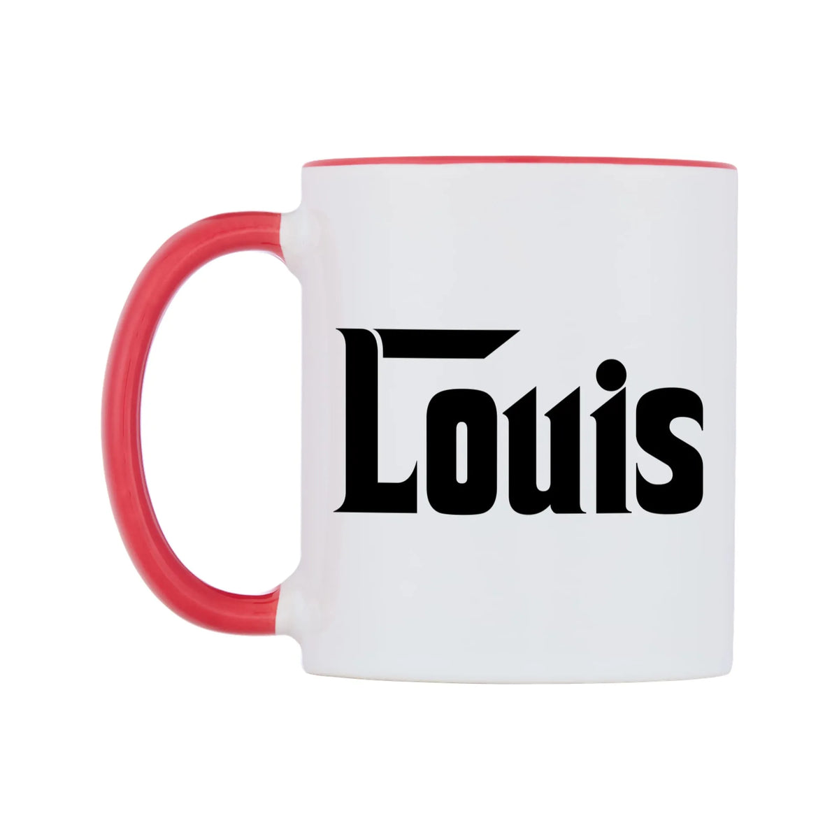 Louis - Godfather Themed Mug — white 11oz gloss mug with a red inside and handle, right side, on a white background