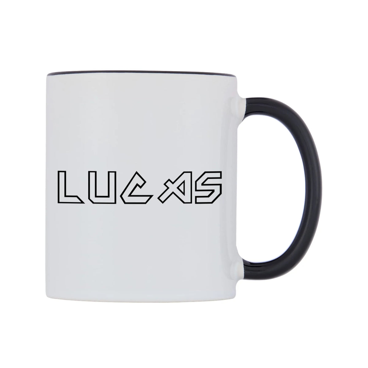 Lucas - Iron Maiden Themed Mug — white 11oz gloss mug with a black inside and handle, left side, on a white background