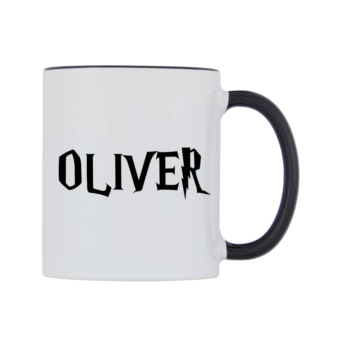 Oliver - Wizard Themed Mug — white 11oz gloss mug with a black inside and handle, left side, on a white background